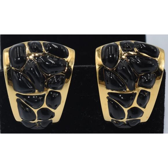 St. John Black and Gold Designer Runway Clip-On Earrings - Picture 3 of 7